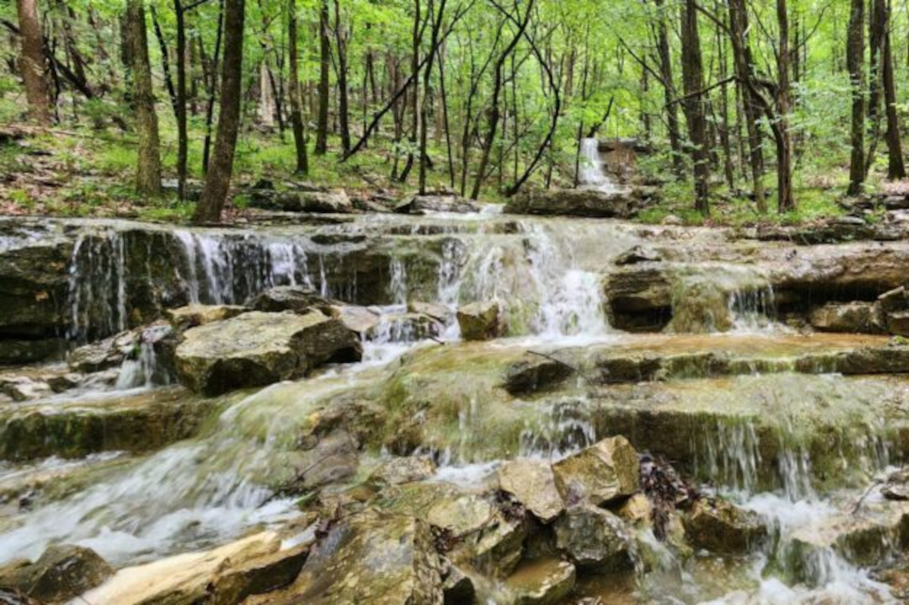A serene waterfall cascades over mossy rocks in a lush, green forest. Sunlight filters through leaves, creating a peaceful, natural scene.