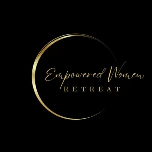 A circular gold line on a black background with elegant cursive text reading "Empowered Women" and bold text "RETREAT," conveying a sense of luxury and empowerment.